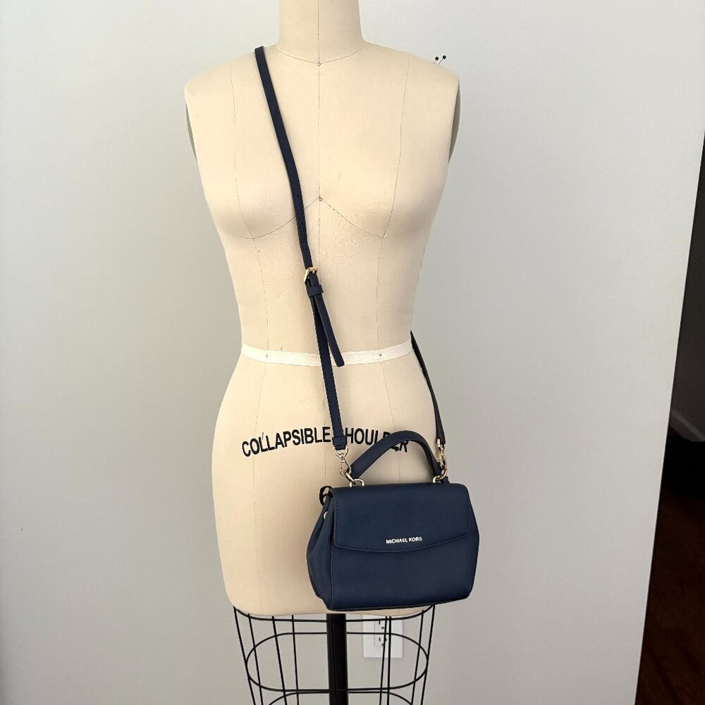 Michael Kors Ava Leather Crossbody Bag Navy Small Satchel Preppy Chic Luxury